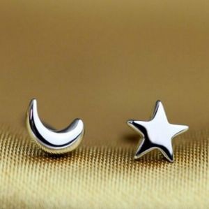 NEW Sterling Silver Dainty Star & Crescent Moon Women Girls Stud Earrings